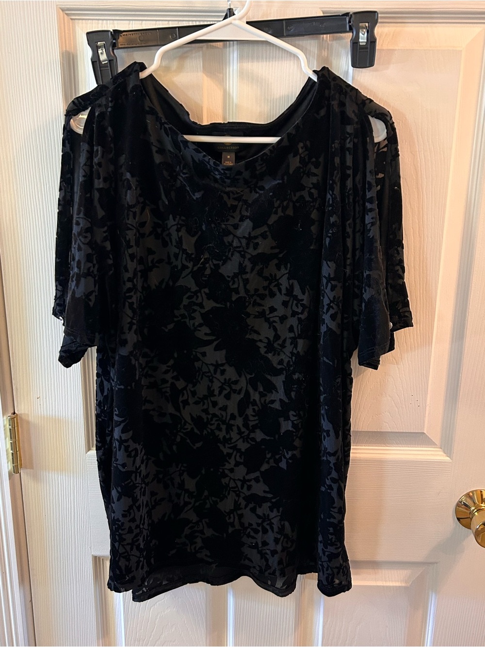 JM Collection Black Floral Burnout Velvet Top